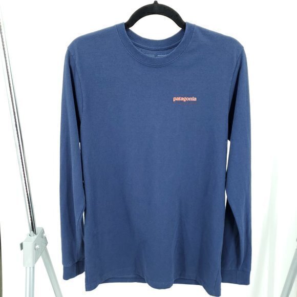 Men's Patagonia Long Sleeve T-Shirt S Blue/Red Logo Sleeve Spellout - Picture 1 of 16